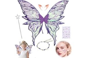 HIQE-FL Fairy Wings,Alas de Hada Mujer,Fairy Angel Princess Set,Varita Mágica,Pegatinas,Flower Wreath,Elf Wings with Elf Ears,Halloween,Carnaval,Fiesta Temática