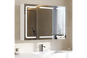 ‎DICTAC DICTAC Spiegelschrank Bad mit Beleuchtung und Steckdose Badezimmerschrank mit Spiegel und Verstellbarem Regal,Badschrank mit 3 Türen,Wandschrank,Hängeschrank,3 Farbtemperatur Dimmbare,80x60x16cm,Weiß