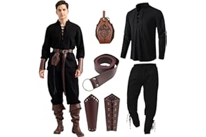 WELLCHY Set di Abbigliamento Medievale da Uomo, Set di Costumi Rinascimentali da Uomo Con Camicia Classica Uomo Medievale, Pantaloni Medievali, Cintura, Protezioni Accessori