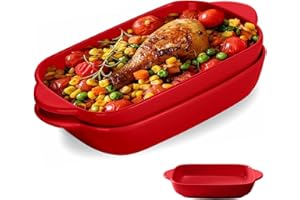 MEYUXG Set di 2 stampi per lasagne, 23 x 13 cm, piccoli stampi da forno colorati smaltati, rettangolari in ceramica, per lasagne, cuocere, cibo gourmet, resistente al calore (rosso)