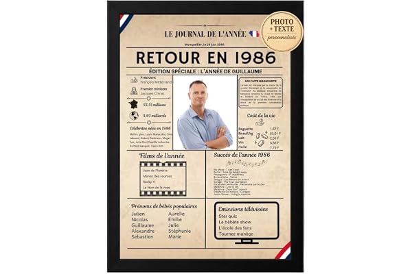 LES MOTS PERSOS Affiche Année 1986 Personnalisée avec Photo – Journal Vintage Rétro – Cadeau Anniversaire 40 Ans Homme Femme – Souvenir Unique – Affiche 1986 Personnalisable