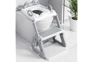 Orzbow Adaptador Wc Niños con Escalera, Estabilizar Reductor Wc Niños con Estructura Triangular, Pedal Extendido y Cojín de PVC, Antideslizante y Plegable, Ligero y Portátil, Rana, Gris