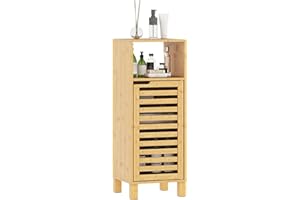 HOMCOM Armario de Baño de Bambú, Columna de Baño Estrecha con Estante Abierto, Puerta de Lamas, Estante Ajustable, 30x30x80 cm, Natural