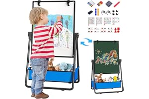 CHIDIAM Kids Easel Double-Sided Art Easel with Paper Clip Height Adjustable Whiteboard & Chalkboard 360°Rotating Standing Art Easel for Kids Gift for Boys and Girls Toys for Ages 3+ (Champagne) (Black)