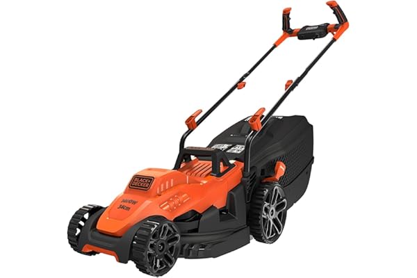 BLACK+DECKER Tondeuse Filaire 1400W, Tondeuse à Gazon Electrique 34 cm, 6 hauteurs réglables de 20, 30, 40, 50, 60 et 70 mm, Idéale pour 300 à 400m², BEMW461BH-QS Orange