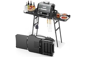 GFTIME Carro de barbacoa portátil universal para Enders Urban, Weber Q100/Q200/Q300, Ninja Woodfire, Burnhard Wayne – Soporte plegable para barbacoa al aire libre con gran superficie de trabajo y