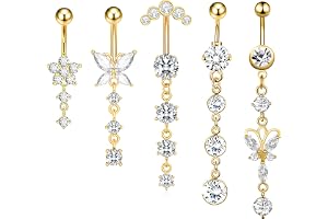 YAWYO Pack of 5 Belly Button Bars, Dangly Stainless Steel Belly Button Piercing Kit, Piercing Jewellery with Heart Bow Navel,
