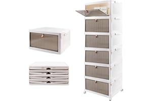 Lacusmall Boîtes de rangement, empilables en plastique à 6 couches avec porte et roues, boîte de rangement en plastique pliable et empilable pour cuisine, bureau et salon (blanc, 6 niveaux)