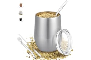 TELANKS Modernes Mate Becher 340 ml, Yerba Mate Cup Set Edelstahl doppelwand isolier Design, Mate Tee Tasse mit BPA-freiem Deckel, Bombillas und eine Reinigungsbürste (Silber)
