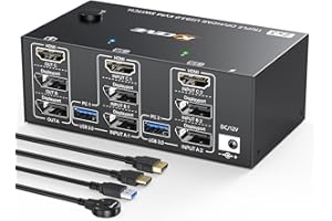 NAWEN KCEVE KVM Switch 2 Computer 3 Monitore, USB 3.0 KVM Umschalter HDMI + DisplayPort, 8K@60Hz/4k@144Hz Dreifach Monitor KVM Switch für 2 Computer, 3 Displays, und 4 USB 3.0 Geräte