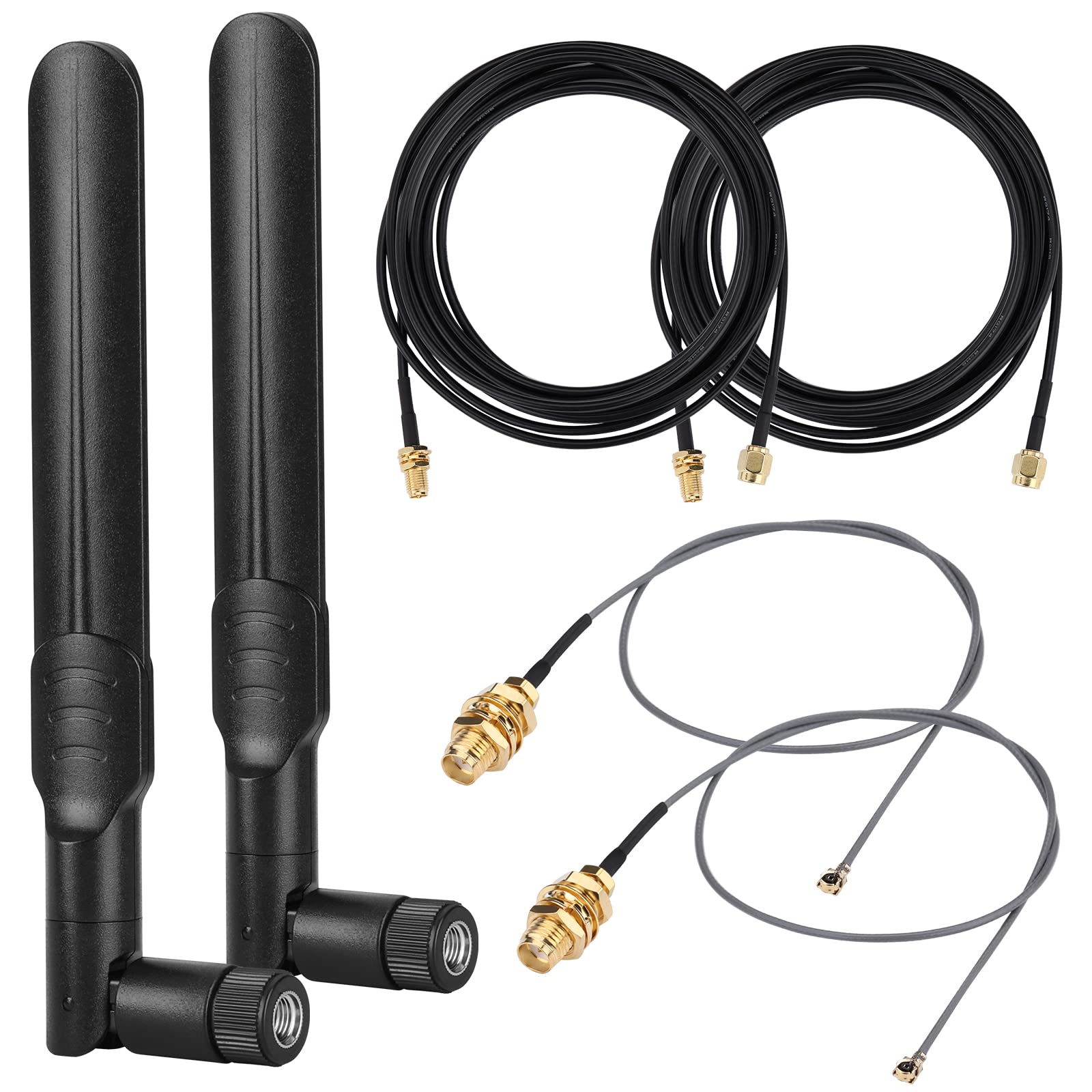 WiFi Signal Enhancement Kit 2-Pack 2.4GHz 5GHz 5.8GHz Dual Band WiFi Antenna 2-Pack 12inch U.FL IPEX to RP-SMA Female Internal Cable 2-Pack 10FT RP-SMA Male/Female Antenna Extension Cable Kit