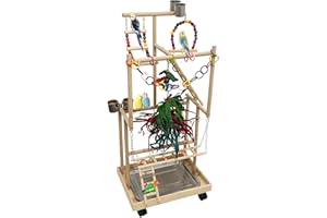 Niwaes 4-Tier Large Wooden Bird Playground with Wheels, Natural Wood Parrot Play Stand Birds Perch Stand Gym with Ladder Toy Accessories for Cockatiel Cockatoo Quaker