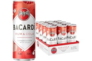 BACARDI BACARDÍ & Cola, 5% ABV, 12 x 25cl / 250ml, Ready-To-Drink Pre-Mixed Cocktail Can, Made with BACARDÍ Carta Blanca Rum and Mixed with Cola
