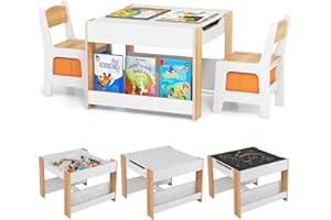 LIFEZEAL Tavolino Bambini, in Legno, Tavolo Bambini con Sedie, con Contenitori Rimovibili, Tavolo Disegno con Lavagna Bifacciale, Spazio Nascosto, Scaffali per Libri, Set per Bimbi 3 Anni+ (naturale)