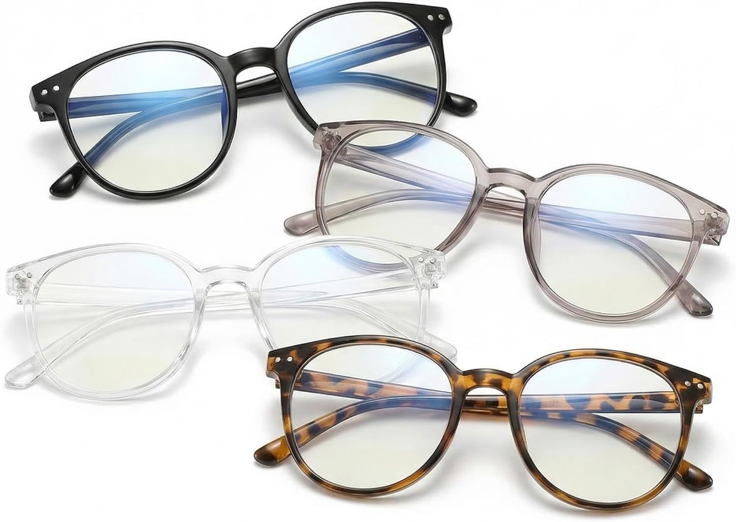 Cloxtralon 4 pezzi Occhiali da Donna Filtro Luce Blu, Colori Nero/Modelo leopardo/Grigio/Trasparente, Materiale TR Leggero, per Lavoro Informatico, Giochi, Televisione, Riducono Fatica Ottica
