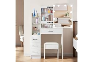LIANWANG Makeup Vanity with 10PCS Hollywood Lighted Bulbs and Brightness Adjustable, Cosmetic Vanity Set with Drawers and Cabinets, Dressing Table with Stool for Girls
