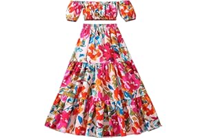 SoLu DAY8 Ensemble Enfant Fille 7-12 Ans Tailleur Ado Fille Crop Top Corset Epaule Denudee Manche Courte Et Jupe Longue Fleuri Fille Ete Chic Habillée Fluide Confortable Vacances Casual
