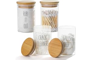 FEILANDUO 4 soportes para hisopos/bolas/almohadillas de algodón, recipientes de almacenamiento de vidrio para baño, tarros de boticario Qtip con tapas de bambú, dispensador de maquillaje, decoración