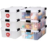 Iris Ohyama 6 x Plastic Airtight Boxes with Lid and Snap Closures, 30L, Transparent, Waterproof Seal, Stackable, Anti-Dust, f