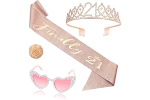OLOSONG 4 Pcs 21st Birthday for Women Gift, 21st Birthday Sash Tiara - Rose Gold Birthday Queen Tiara and Sash for Women, Heart shaped pink diamond glasses,Wooden dice