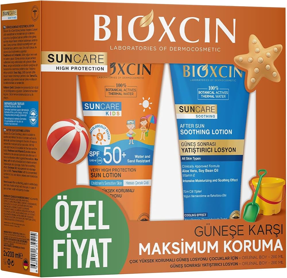 Bioxcin Sun Care Çocuk Güneş Kremi SPF 50+ – Non-Nano Hibrit Filtreli, Termal Sulu, Pantenol ve Allantoin İçerikli, Hassas Ciltler İçin, After Sun Hediyeli, 200 ml