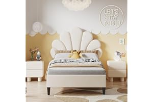 BPKADHY Cama tapizada individual de 90 x 200 cm, cama infantil con somier, cama con cabecero ajustable en forma de flor, cama juvenil con funda de tela de terciopelo, beige, sin colchón