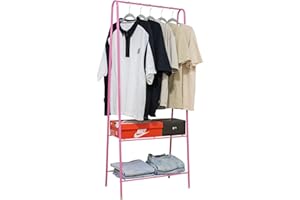 HOFLERA Clothes Rail Stand Garment Coat Rack with Metal Shelf, Frame for Bedroom, Saving Space Clothes Rail,1.5m(Pink)