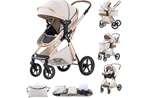 BEBBY Multifunzionale Carrozzina Passeggino Trio Combinazione Passeggino 3 in 1 Passeggino Ovetto Pieghevole Set Passeggino Neonato Sedili Parapiedi Zanzariere H2-RICEWHITE