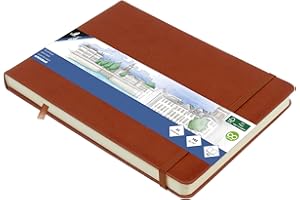 Szkicownik Kangaro A5 landscape koniak PU twarda okładka, 80 arkuszy 140 gramów, kremowy papier z gumową taśmą i taśmą