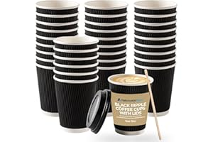 Nationwide Paper Coffee Cups with Lids, Insulated Ripple Hot Paper Cups, Disposable Cups for Takeaway Hot Drinks, (12oz-50 Pcs, Black)