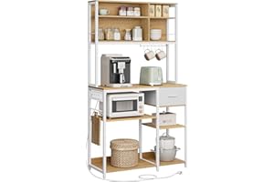 ‎VASAGLE VASAGLE Półka kuchenna z gniazdami, półka stojąca, półka mikrofalowa, regulowane półki, 12 haczyków, 40 x 100 x 180,4 cm, do kuchenki mikrofalowej, kuchnia, złoty dąb Cloud White KKS027Y02