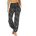 Nuofengkudu Women's Harem Hippie Pants Baggy Boho Patterned High Waist Smocked Waist Thin with Pockets Lounge Trousers for Yoga Summer Beach