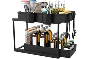 StarryTiger Organizador Fregadero Cocina 2 Niveles, Deslizable Organizador Bajo Fregadero con 2 Cesta Colgante y 4 Ganchos, Estante para Cajones para Cocina, Encimera o Baño, Negro