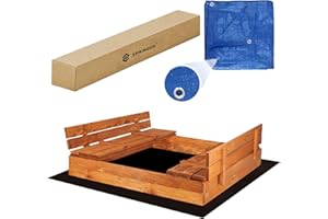 Springos Bac à sable en bois 150x150 cm Couvercle pliable Bancs résistants Sécurité enfants