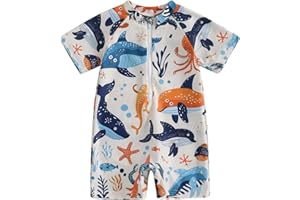 Vioyavo Toddler Boys Rash Guard Swimsuit Rompers Zipper Short Sleeve Whale/Dinosaur Print Kids Bathing Suit Baby Swimwear