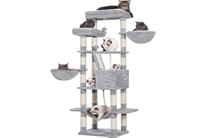 Heybly Arbre à Chat, Hauteur 173 cm Tour de Jeux, avec 2 Plateformes, 17 Griffoirs, 1 Planche à Griffer, 2 Panier, 1 Niche, 1 Hamac, 2 Pompons, Tissu Peluche, Multi-Niveaux, Gris Clair HCT025W