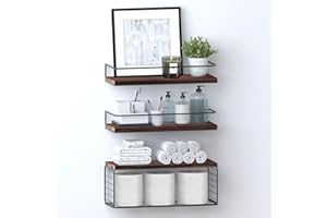 GIRYES Floating Shelves,Bathroom Shelves with Storage Basket,Over Toilet Paper Holder Storage Shelves,Wall Mounted Rustic Wood Shelves for Bathroom,Kitchens,Bedroom, Living Room,Set of 3