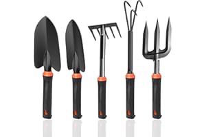 WIEERDA Garden Tool Set, 5 Pcs Carbon Steel Gardening Hand Tools Including Garden Fork, Trowel, Weeding Fork, Hand Rake, Transplanter Trowel Set for Women Man Gardener Digging, Planting & Weeding