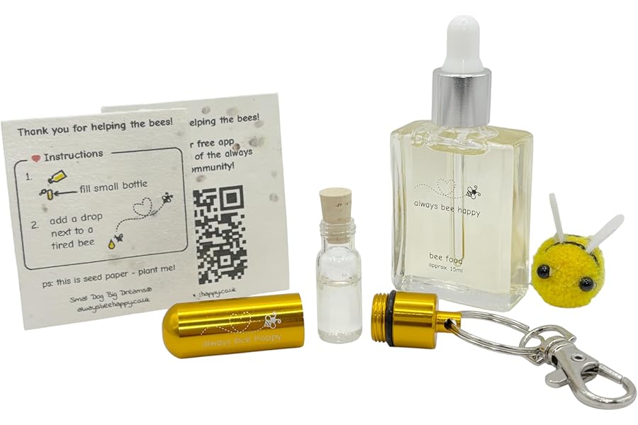 Bee Revival Kit - 'Always Bee Happy' Engraved Keyring, Glass Vial, Bee Feed Dropper Bottle, Organza Pouch