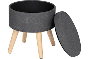 ‎WOLTU WOLTU Okrągły taboret Puff Schowek Stołek do Przechowywania Siedzisko do Sypialni Zdejmowana pokrywa Lniane Siedzisko z nogami z litego drewna Ciemnoszary SH08dgr-1