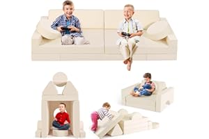 nmoiww Kids Sofa, Large Foam Building Block Play Set, Modular Children Sofa in Multiple Styles, Foldable 2 Seater, for Sleeping Area and Kids Playroom (Beige-14pcs)