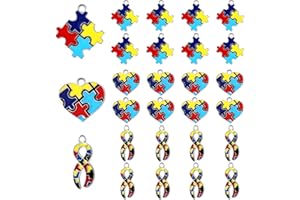 Yolev 24 Pieces Autistic Awareness Pendants Ribbon Heart Square with Puzzle Shape Charms for DIY Jewelry Necklace Bracelet Key Chain Crafts Decorations Making Supplies