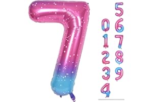 LINGQIANG 40'' Rainbow Number 7 Balloons, Giant Self Inflating Gradient Blue Pink Foil Number Balloons Set 0-9, Starry Digital 7 Helium Balloon for Girls 7th Birthday Party Decorations Anniversary Supplies