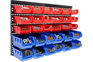 CROWNSHOP 32 PCS Wall Mount Storage Organiser Bin Panel Rack DIY Tool Bits Boxes 64 * 41cm Wall Mounted Pegboard Hook, Storage Bins and Panel Set Tool, Parts and Craft Organizer(Red+Blue)