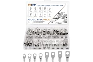 electrapick Pipe Cable Lugs 60 Pieces Tinned Copper Terminals Crimp Connector with 8 Sizes, Copper Battery Connectors Plug Cable Lugs