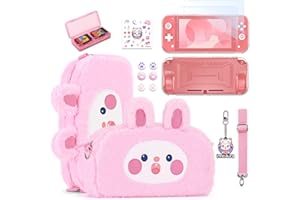 innoAura Étui Switch Lite,Pack d’accessoires 14 en 1 pour Switch Lite avec étui de transport mignon,protecteur d’écran Switch Lite,étui de jeu Switch,bouchons pour les pouces Switch (Lapin Rose)