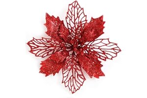 GL-Turelifes - Confezione da 12 Fiori di Stella di Natale Artificiali Glitterati, Ghirlanda di Natale per Albero di Natale, Diametro 16 cm,Rossa