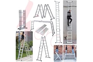 Keraiz 14-in-1 (15.5ft) 4.7m Folding Multifinction Multipurpose Ladders with 2 Scaffold Working Plates and 1 Tool Tray - Folding Ladder | Foldable Ladder | Aluminium 4x4 Ladder