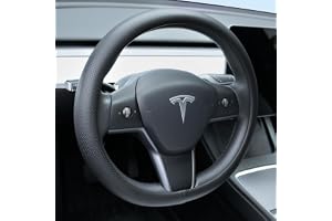 Compatible for Tesla Model 3/Y 2016-2020 2021 2022 2023 2024 2025 2026 Juniper/Highland Accessories, Non-Slip Breathable Tesla Model 3/Y Leather Steering Wheel Cover Protector, White (Black)