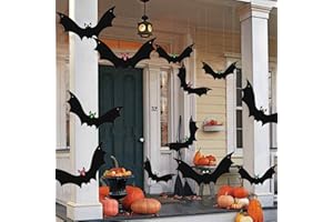 HDAKDDHG Lot de 12 chauves-souris volantes à suspendre avec yeux brillants et rouleau de ligne pour décorations d'Halloween, jardin, fête, cour, arbre (3 tailles, S, M, L)